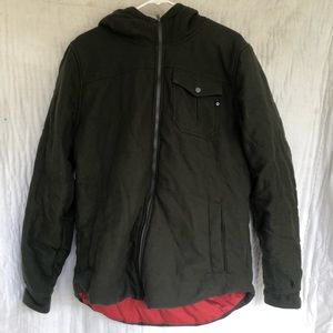 Marmot jacket dark green with red inside.
